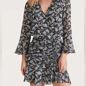 Veronica beard Sean black blue floral silk wrap top dress